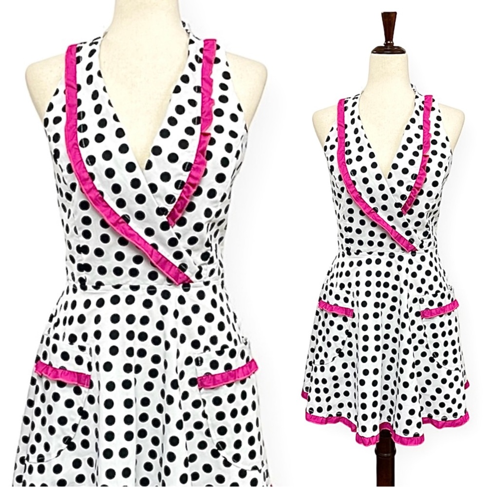 American Hostess Polka Dot Ruffle Trim Retro Halter Apron OSFA Black Pink MCM